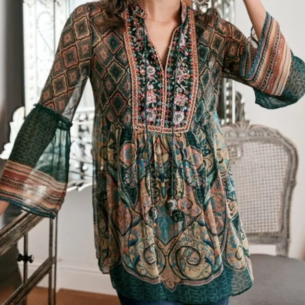 Soft Surroundings Shira Green Embroidered Tassel Neck Top